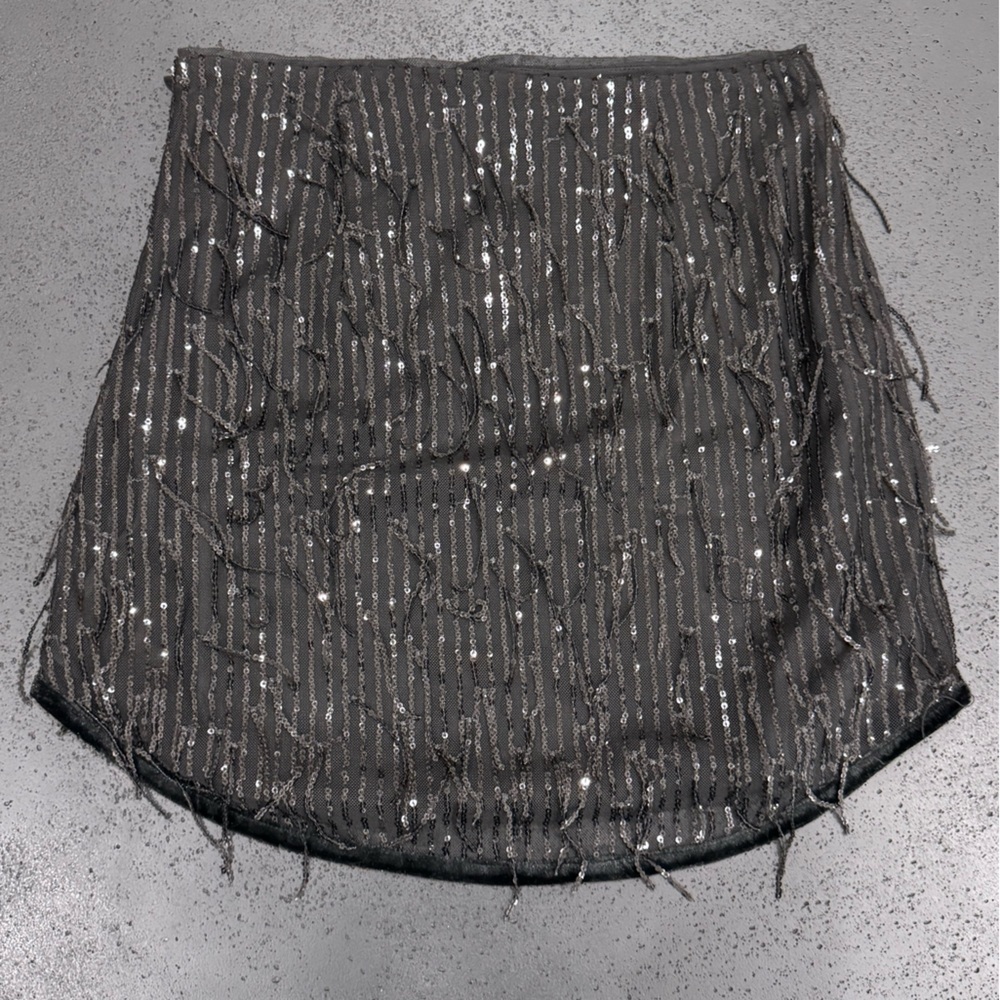 AVEC LES FILLES Sequin Fringe Black Mini Skirt Size XS NWT - Picture 5 of 7